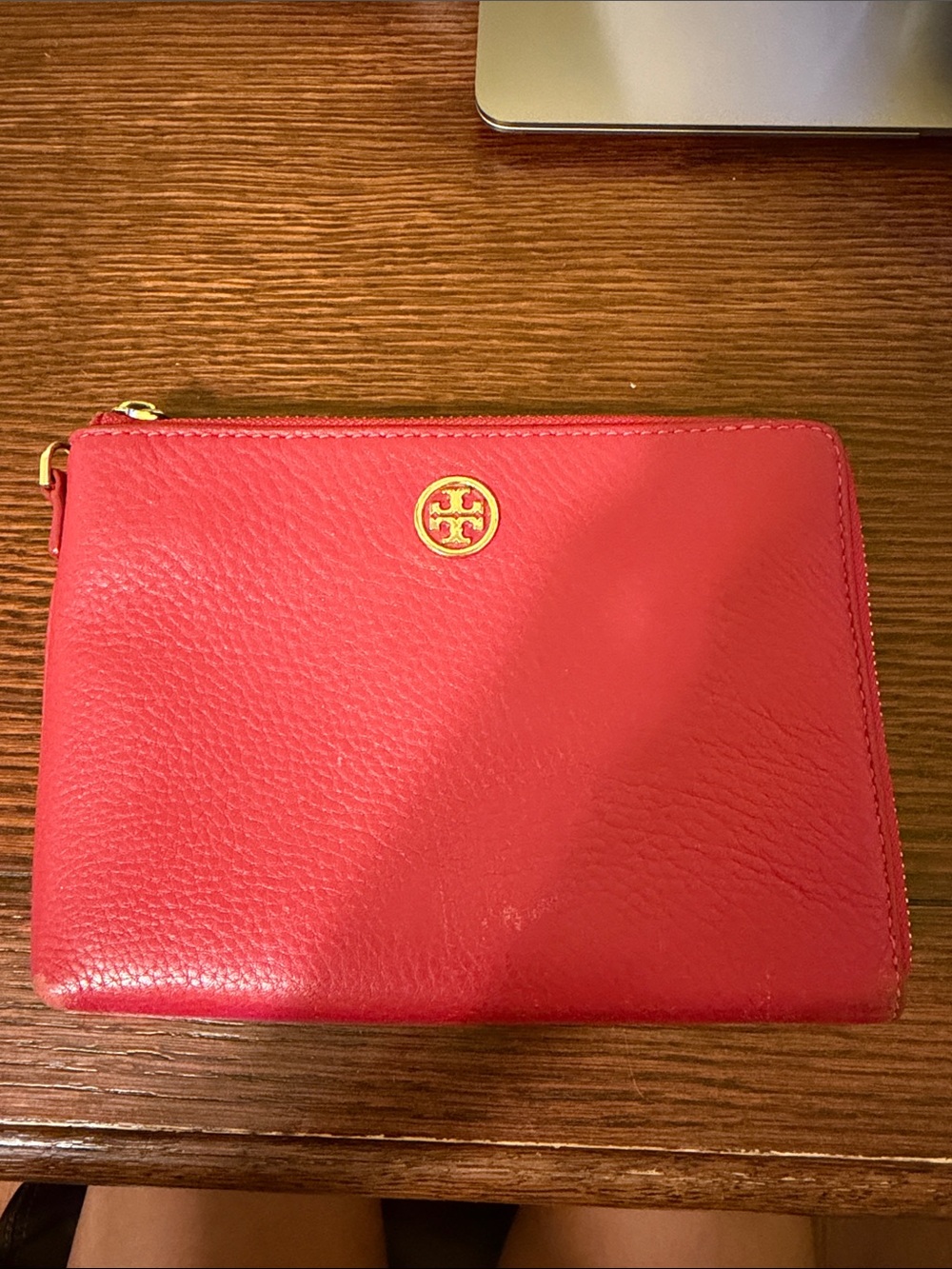 Tory Burch Coral-Red Pebbled Leather Zip Pouch with Gold Logo